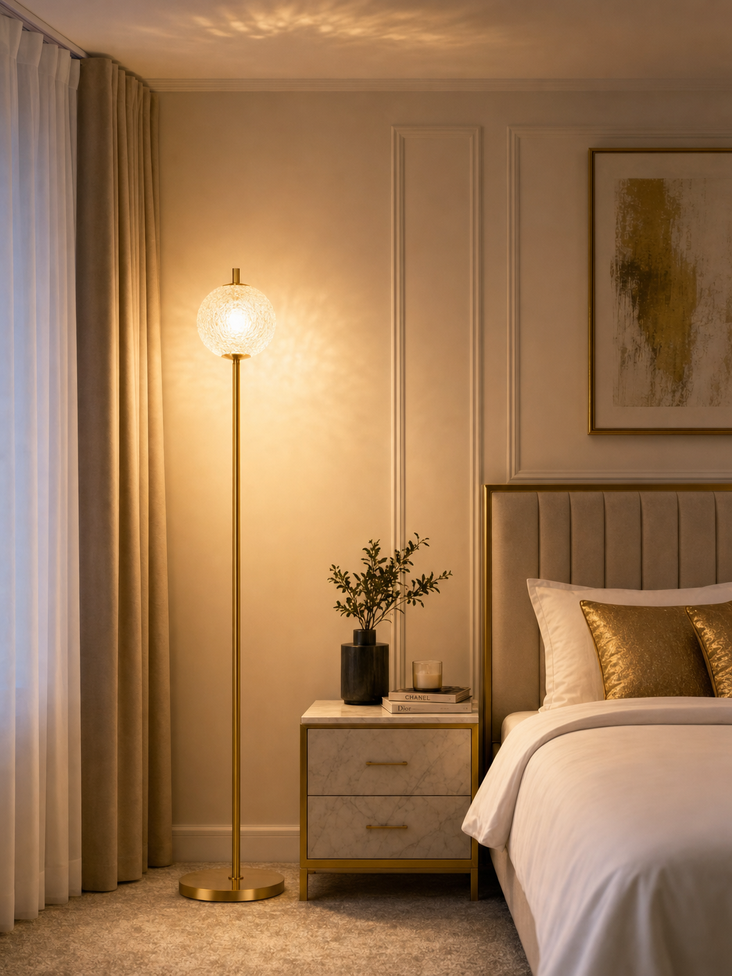 Belsize Gold Tone Floor Lamp with Textured Glass Shade in luxury bedroom