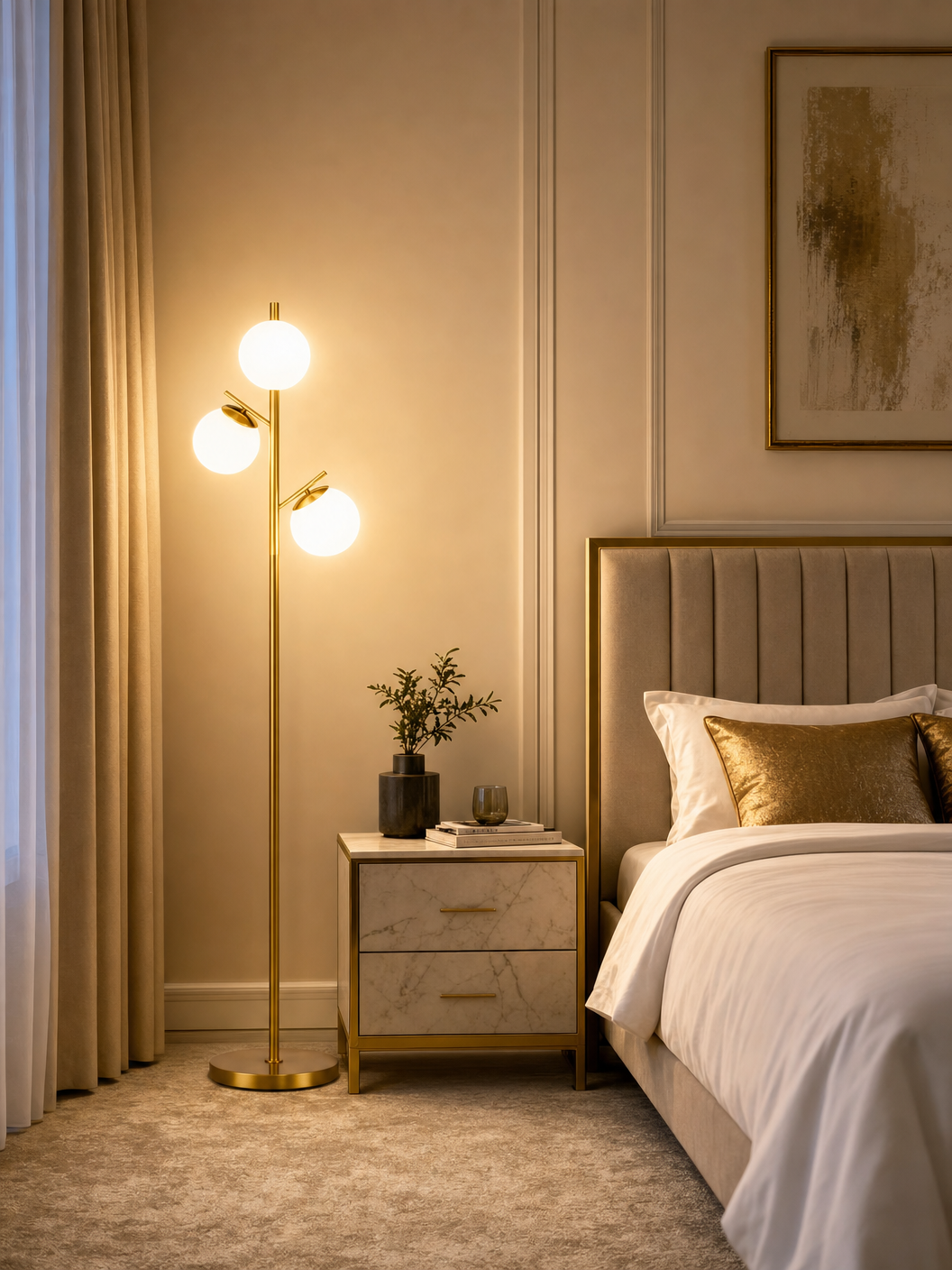 Kensington Gold Tone 3-Light Globe Tree Floor Lamp in luxury bedroom setting