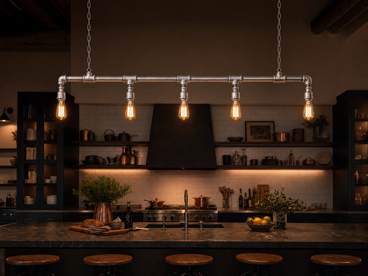 Shadwell Industrial 5-Light Waterpipe Ceiling Bar in modern industrial kitchen