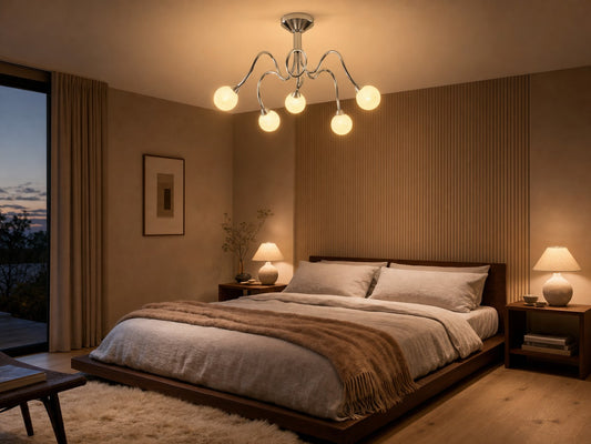 Solace sculptural 5-light semi-flush ceiling lamp glowing in a serene primary bedroom at twilight with linen bedding