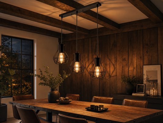 Whitechapel geometric cage pendants illuminating rustic dining table with leather chairs