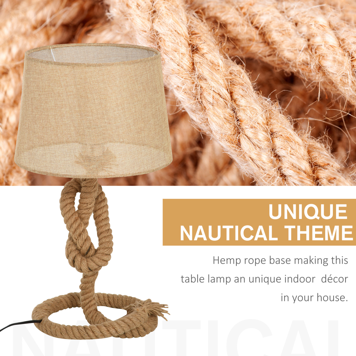 Aldeburgh Hemp Rope & Linen Drum Table Lamp styled on a bedside table with books and decorative accents in a modern bedroom