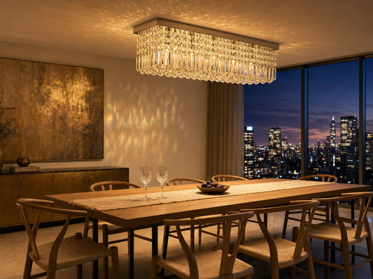 Vela rectangular crystal bar chandelier above a long dining table in a modern penthouse at dusk