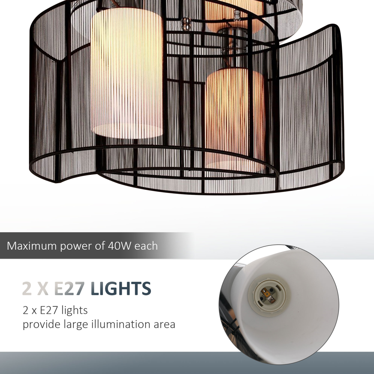 Detail shot of the Kura twin-shade ceiling light's brass fittings and matte black shades, showcasing premium materials