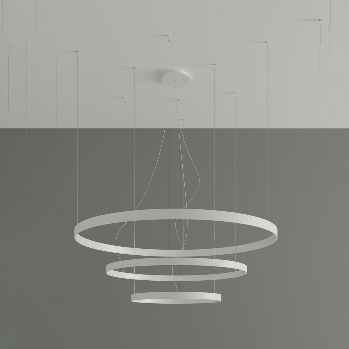 Detail shot of the LED halo rings in the Rio chandelier, highlighting the brushed aluminium finish and contemporary style