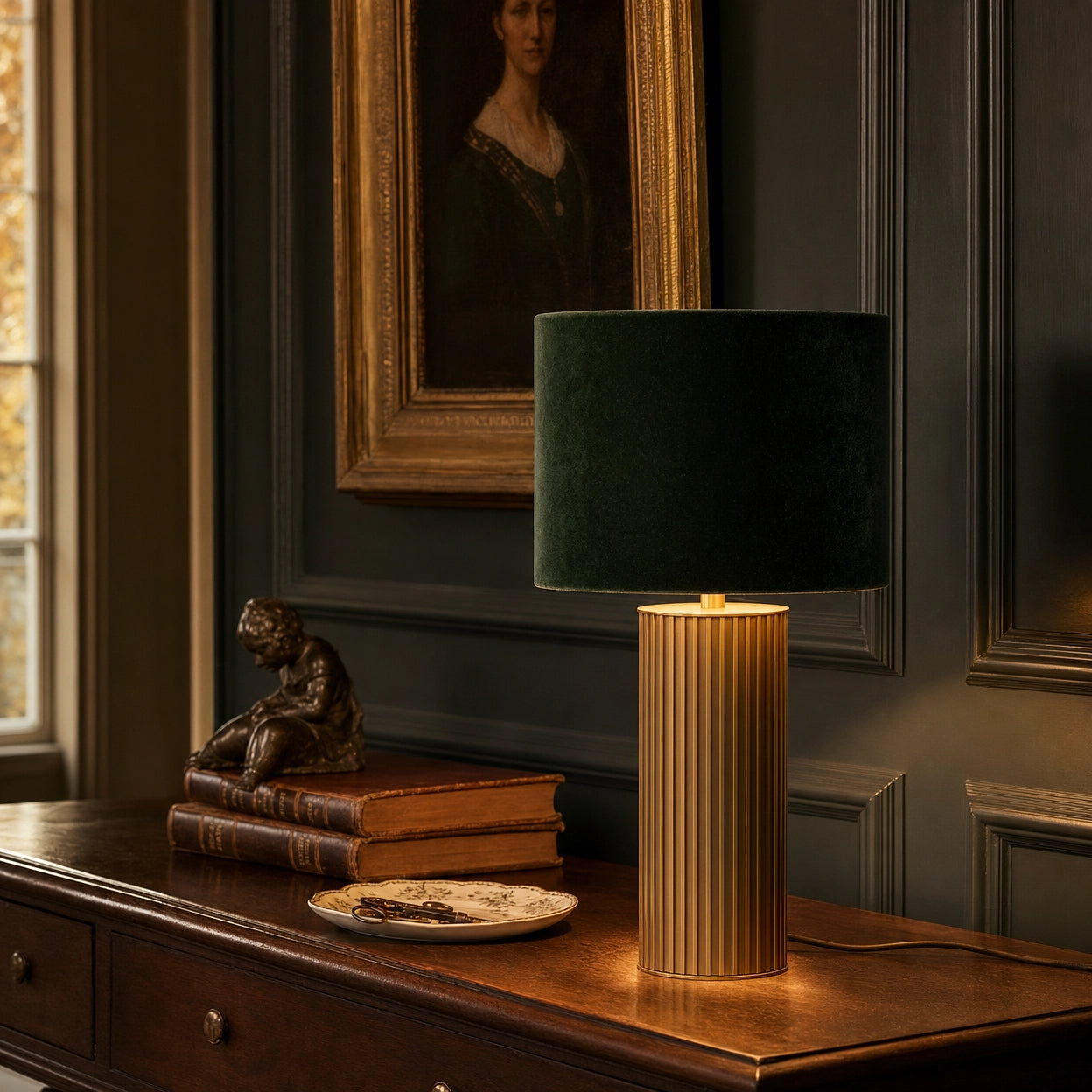 Albany fluted brass touch table lamp on a walnut console in a panelled English hallway at dusk, deep forest velvet shade pooling warm light onto a dish of antique keys, leather-bound books, and a small bronze sculpture beneath a gilt-framed Edwardian portrait