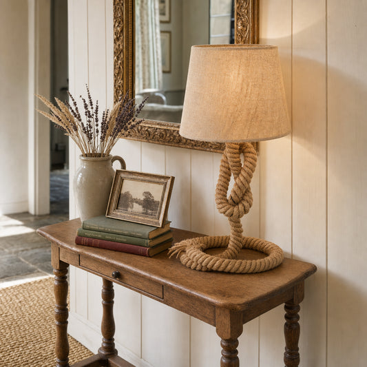 Aldeburgh hemp-rope and natural-linen drum table lamp on a slim aged-oak hallway console in an English countryside cottage, beside a stack of vintage cloth-bound novels, a tarnished-silver-rimmed gilt picture frame and a stoneware jug of dried lavender and bleached wheat, with a chalky tongue-and-groove panelled wall and antique gilt mirror behind