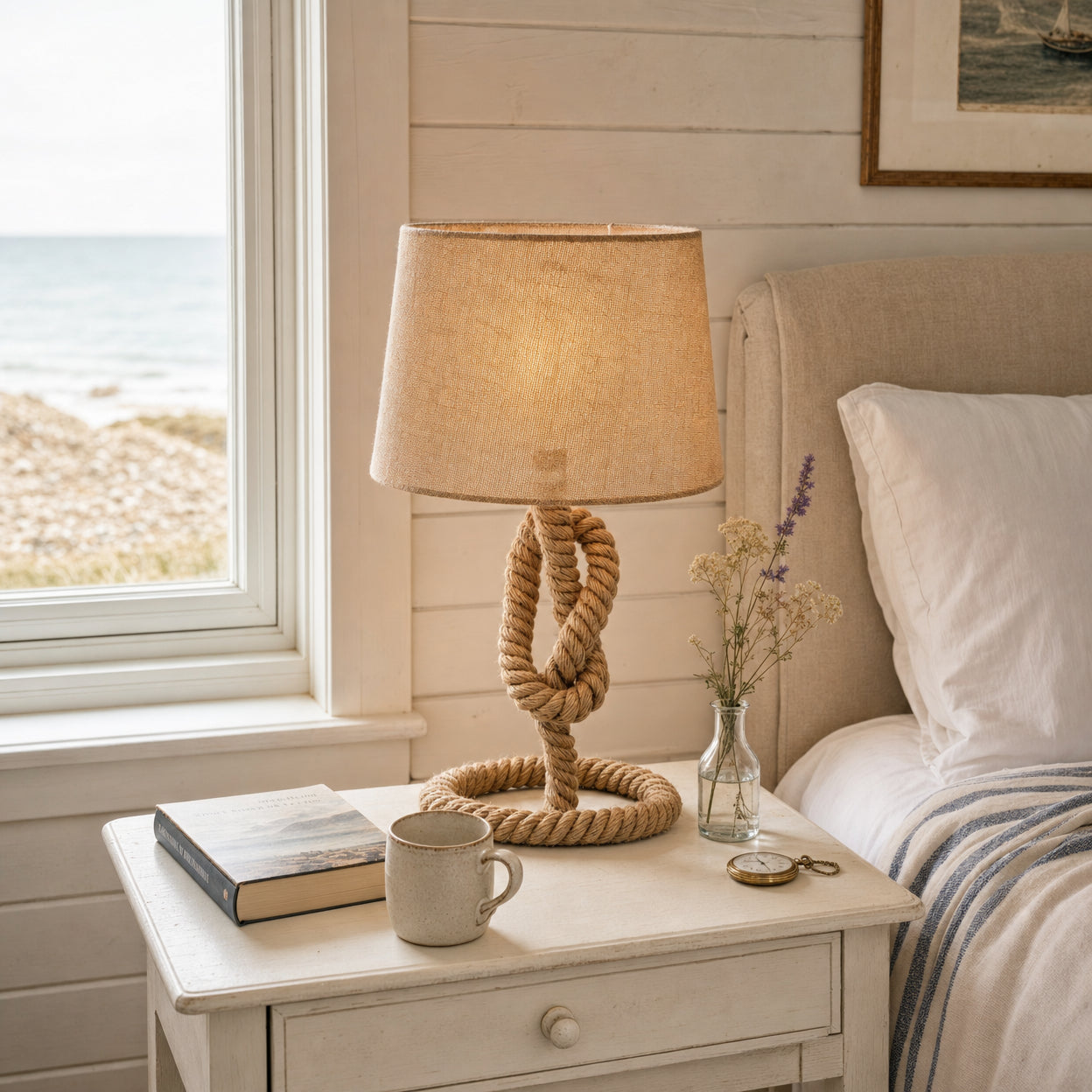 Aldeburgh hemp-rope and natural-linen drum table lamp on a chalky off-white painted bedside table in a Suffolk-coast weatherboarded fisherman's cottage guest bedroom, with linen bedding, an open paperback, a stoneware mug, a brass pocket-watch and a glass vase of wildflowers, beside a sash window onto a shingle beach and grey-blue North Sea