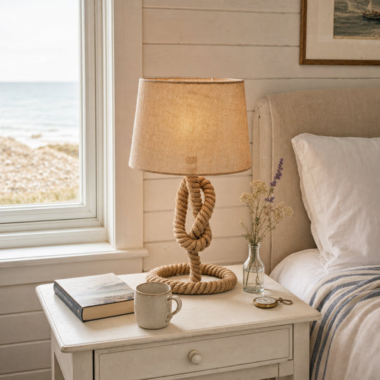 Aldeburgh hemp-rope and natural-linen drum table lamp on a chalky off-white painted bedside table in a Suffolk-coast weatherboarded fisherman's cottage guest bedroom, with linen bedding, an open paperback, a stoneware mug, a brass pocket-watch and a glass vase of wildflowers, beside a sash window onto a shingle beach and grey-blue North Sea