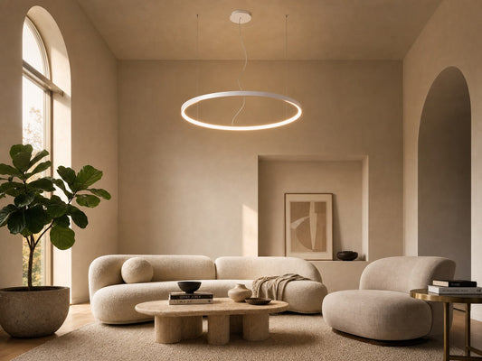 Aurelia single-halo LED pendant chandelier in contemporary lounge with arched window
