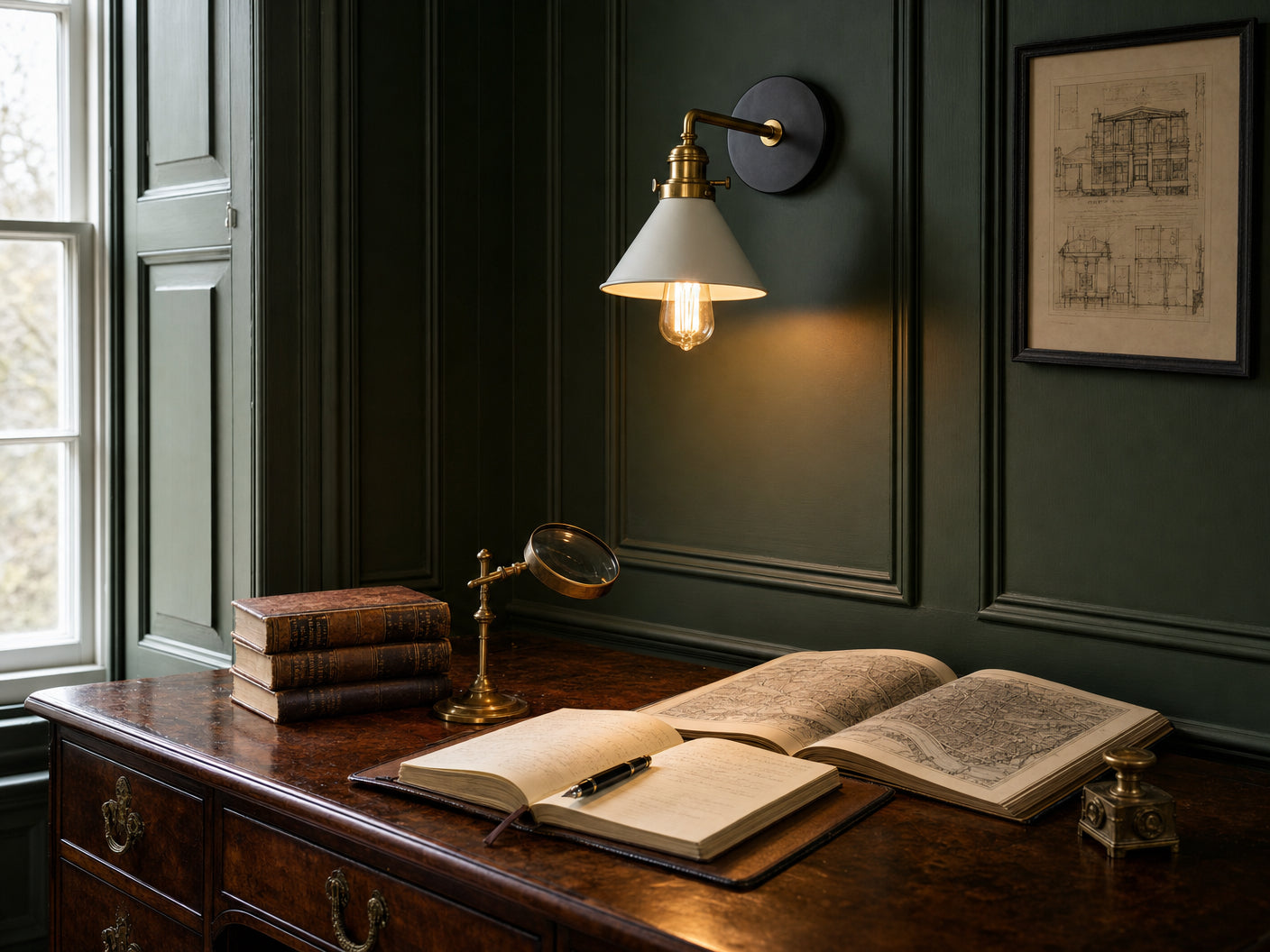 Bayswater wall sconce mounted on a Studio Green Georgian raised-and-fielded panelled wall above a mahogany burr writing desk with open leather-bound notebook, fountain pen, brass-handled magnifier, vintage atlas, and a framed antique architectural drawing in a slim black frame
