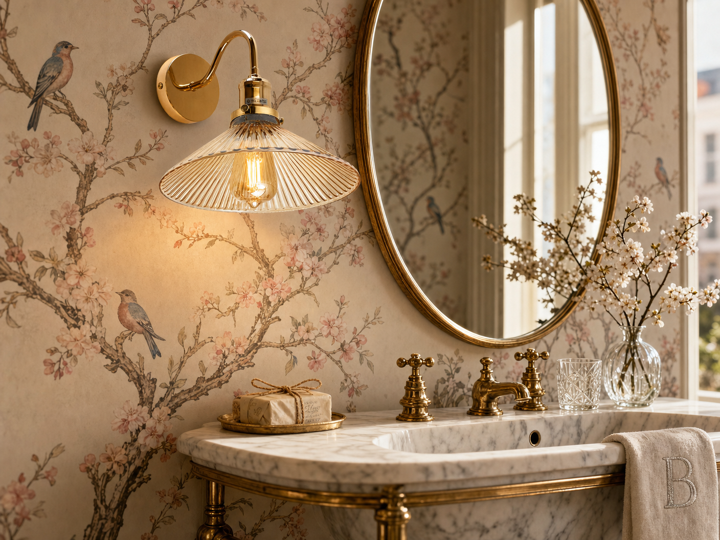 Belgravia amber-fluted-glass coolie-hat wall sconce in polished brass mounted beside an oval brass mirror in a powder room with chinoiserie cherry-blossom and songbird wallpaper above a Carrara marble basin on a polished-brass console