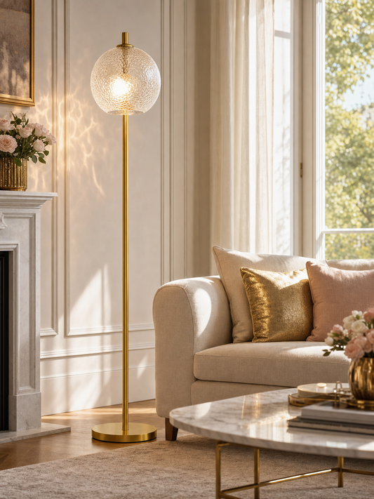Belsize Gold Tone Floor Lamp with Textured Glass Shade in bright elegant living room