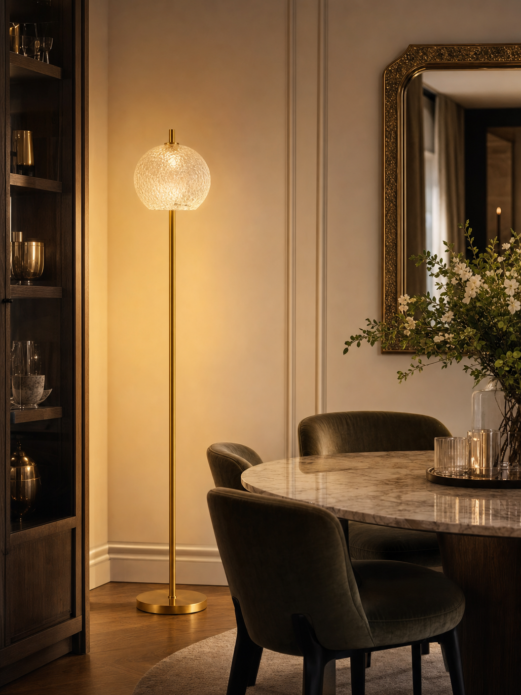 Belsize Gold Tone Floor Lamp with Textured Glass Shade in modern dining room