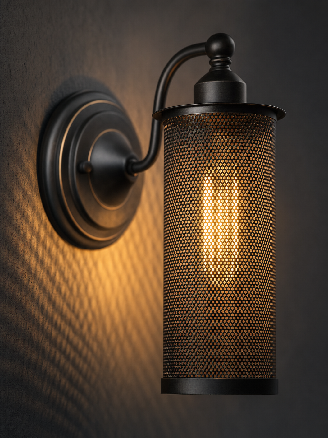 Detail shot of the Bermondsey wall sconce's mesh cage design and swan neck arm from ZYVORAN
