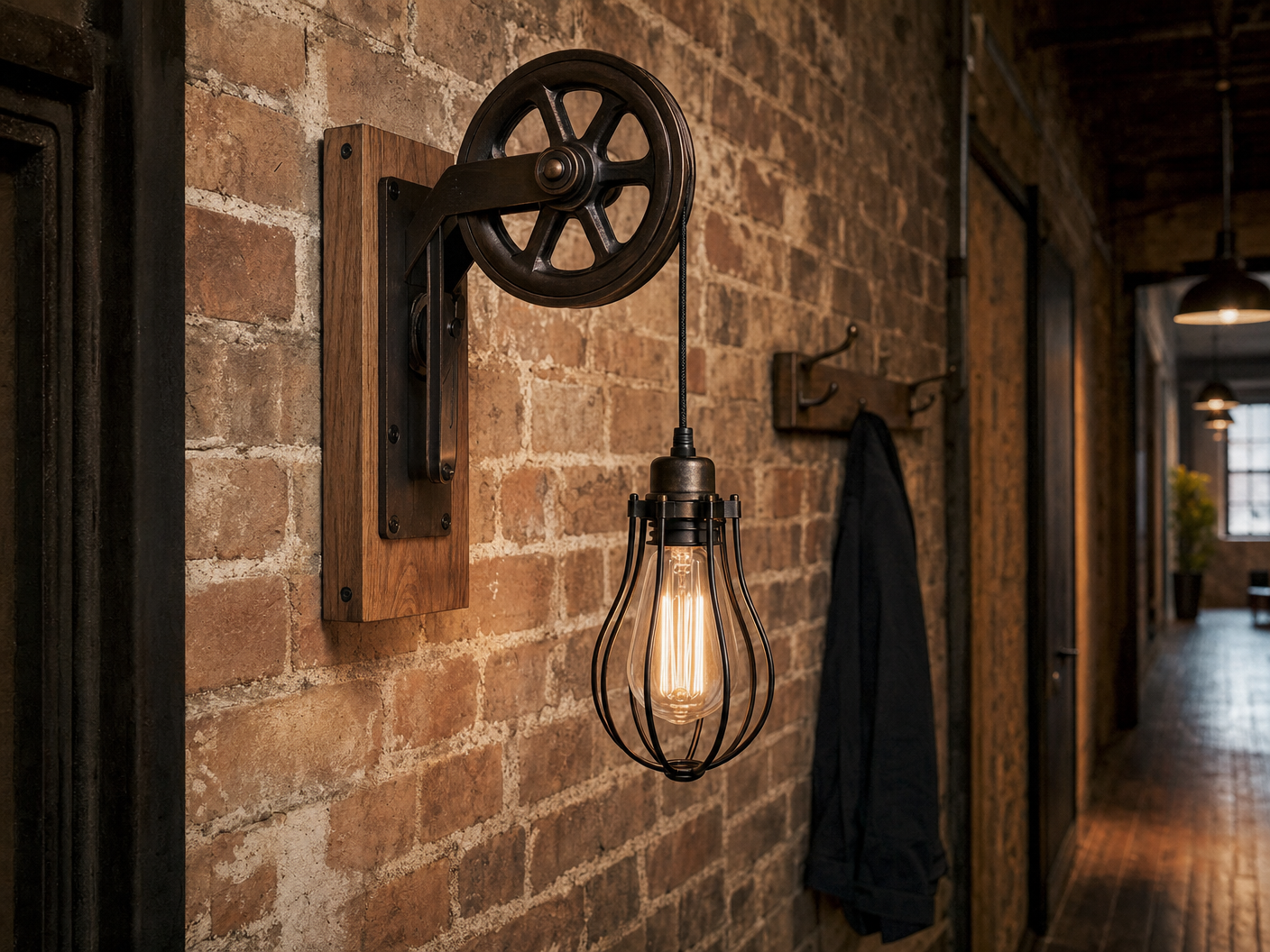 Bermondsey Industrial Pulley Wheel Cage Wall Light on exposed brick wall in Victorian warehouse hallway