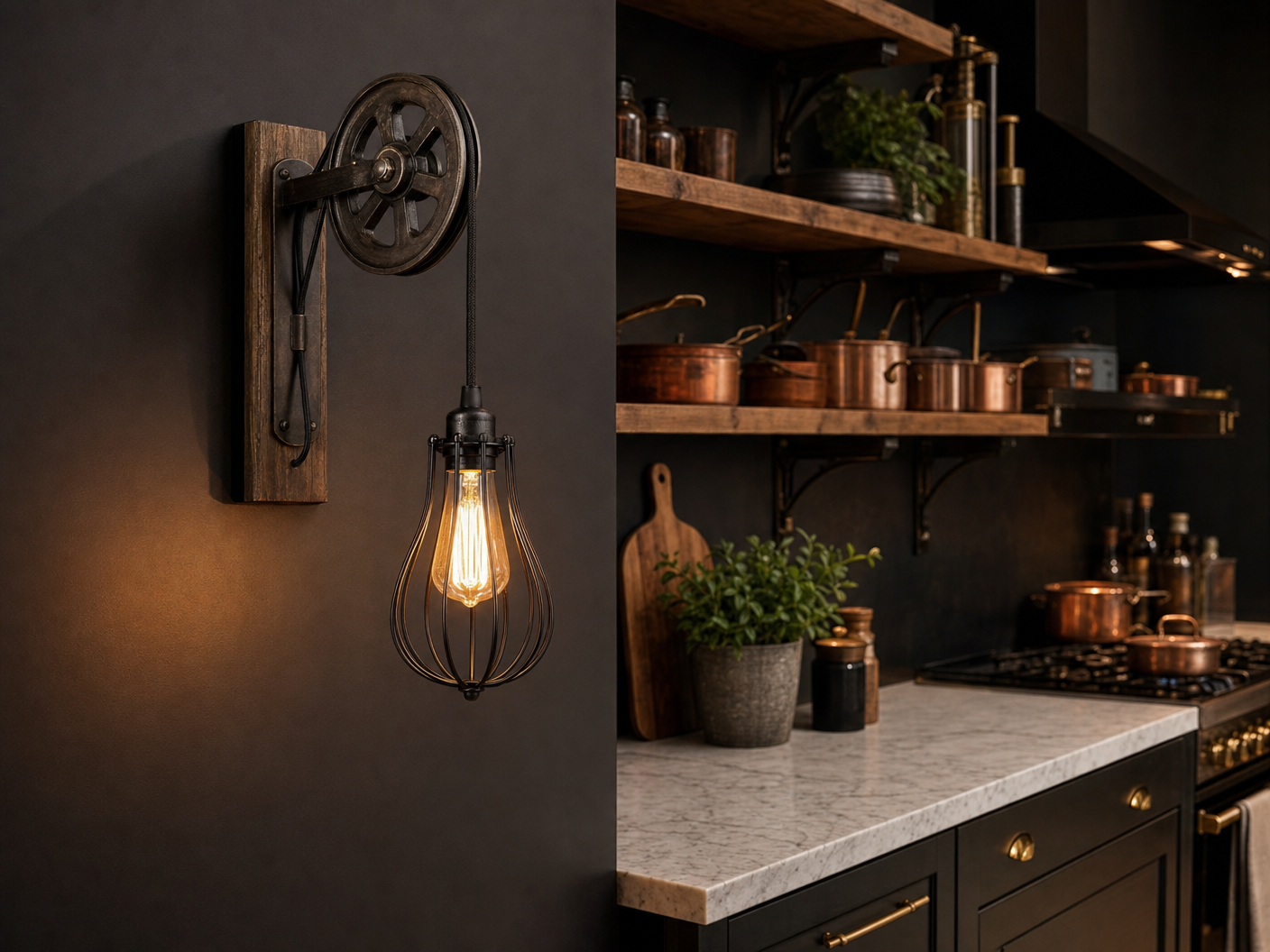 Bermondsey Industrial Pulley Wheel Cage Wall Light in modern industrial kitchen