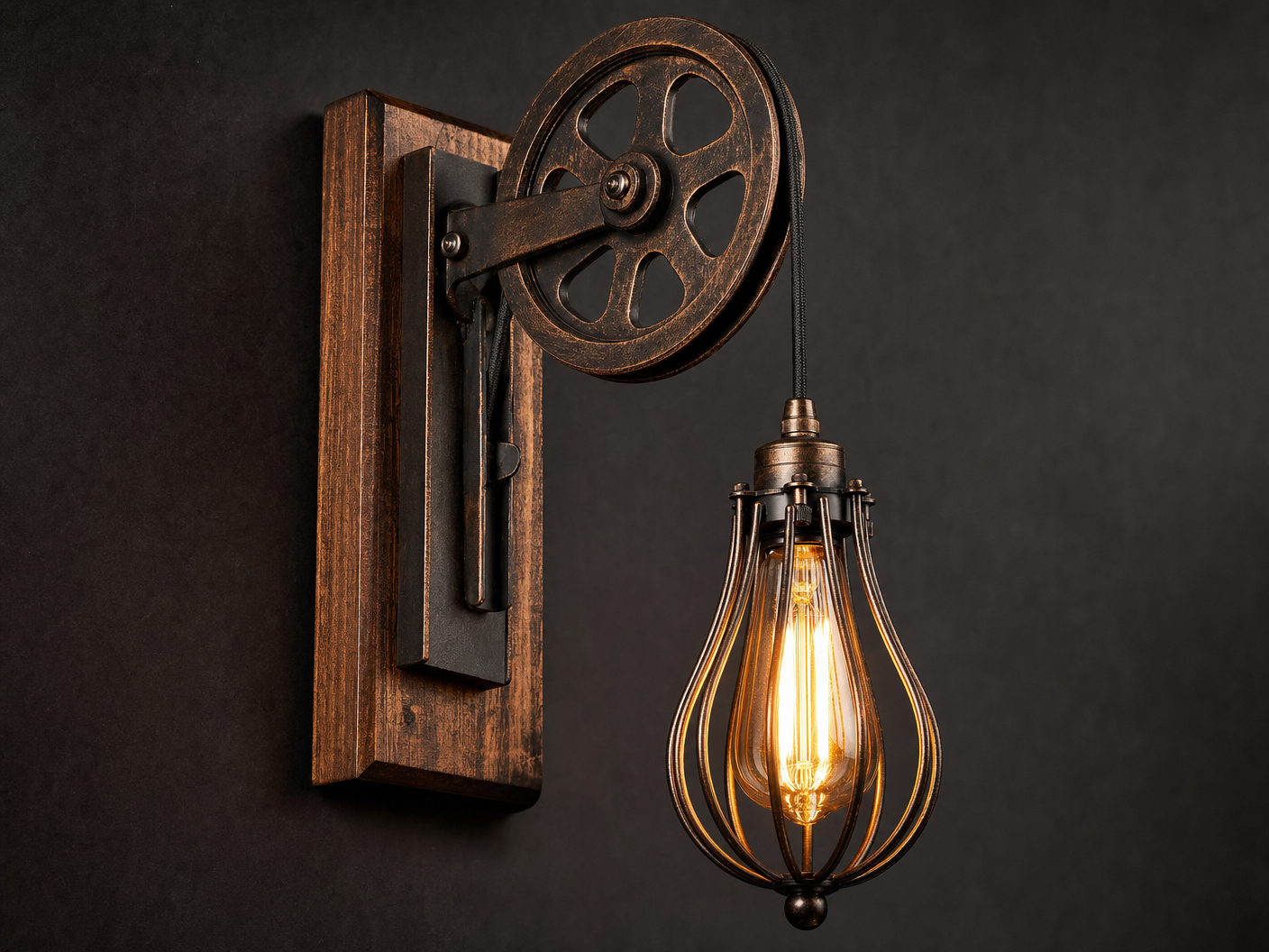 Close-up detail of Bermondsey brushed copper pulley mechanism and iron cage shade