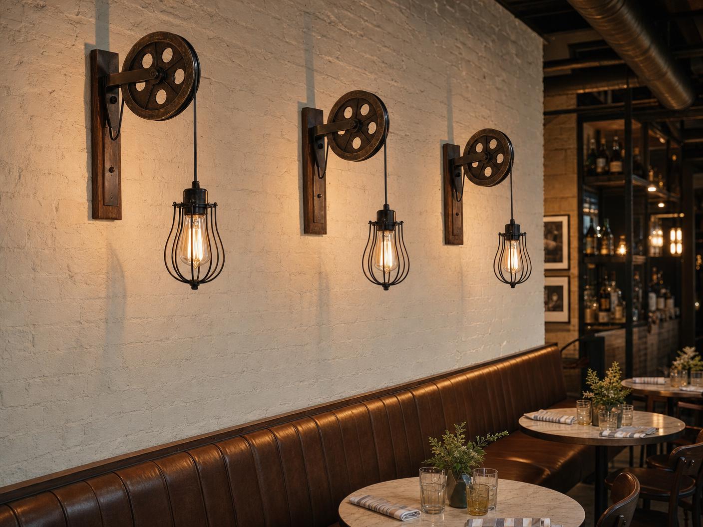 Three Bermondsey Industrial Pulley Wheel Cage Wall Lights in stylish restaurant bar setting