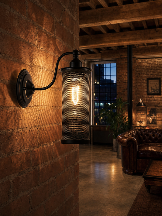 Bermondsey Industrial Mesh Cage Swan Neck Wall Sconce by ZYVORAN showcasing its front view with matte black finish