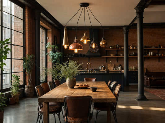 Borough industrial 5-light spider cluster pendant chandelier above a warehouse-loft dining table