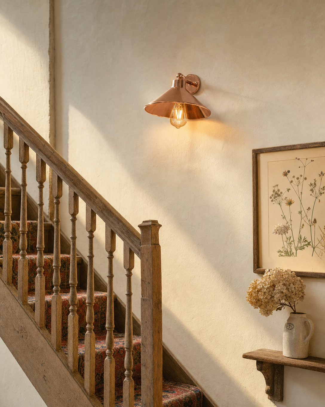 Cheltenham polished rose-copper short-arm wall light with flared coolie-hat shade and Edison filament bulb mounted on warm cream limewashed plaster wall midway up an oak Cotswold cottage staircase, with worn turned-spindle balustrade, Persian wool runner, framed botanical print and dried hydrangea in an ironstone jug