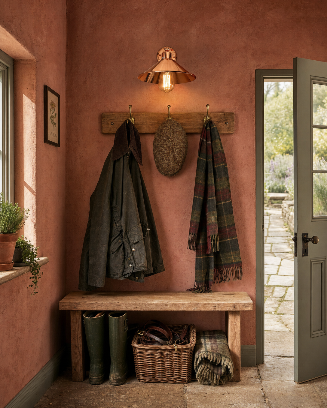 Cheltenham polished rose-copper cottage wall light mounted above an oak coat-hook rail with brass hooks holding a waxed Barbour jacket, tweed flat cap and tartan wool scarf, in a country cottage back-door boot room with terracotta clay-pink limewash plaster walls, stripped pine bench with green wellington boots, wicker basket of dog leads, and panelled door open onto stone path and herb garden