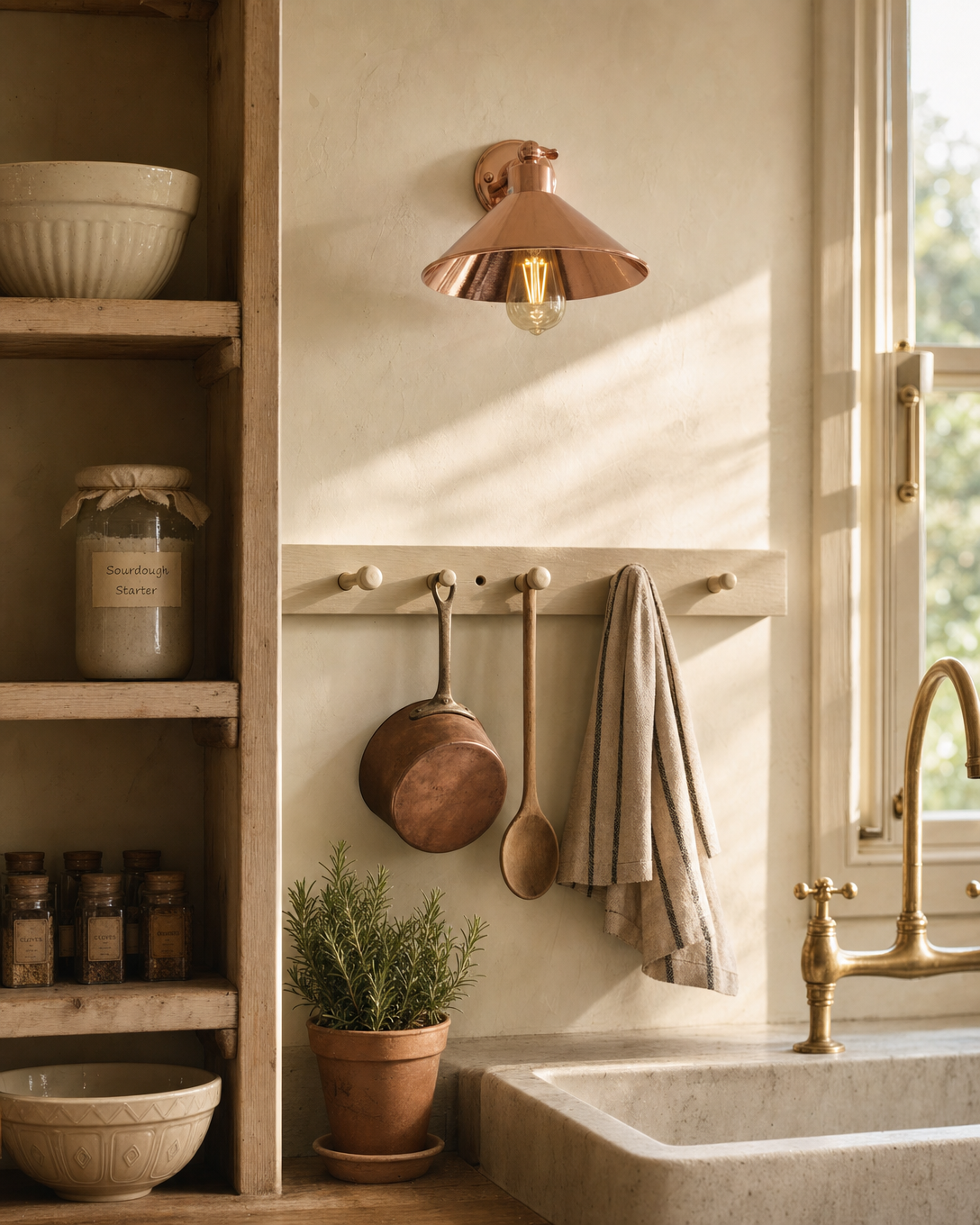 Cheltenham polished rose-copper cottage wall light mounted above a cream-painted Shaker peg rail with copper saucepan and striped tea towel, in an English country kitchen pantry corner with hand-plastered creamy-off-white limewash, deep stone Belfast farmhouse sink with brass kitchen tap, stripped pine open shelving with ironstone mixing bowls, sourdough starter jar and vintage glass spice jars, terracotta pot of fresh rosemary, golden-hour sunlight from a sash window