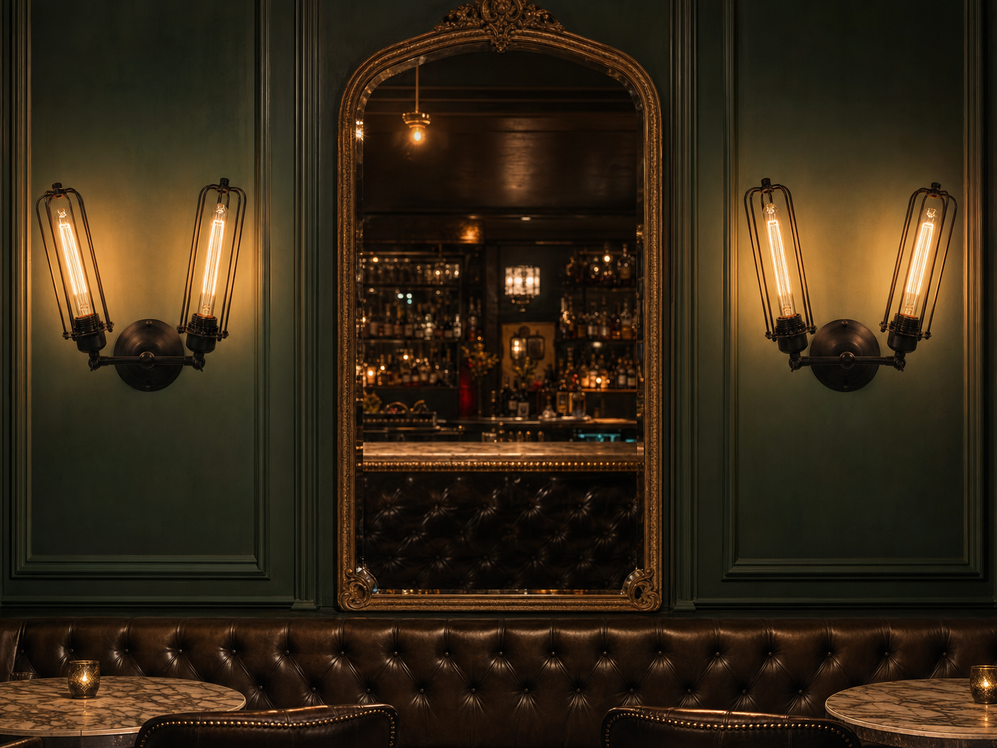 Pair of Clerkenwell double cage wall sconces flanking a gilt mirror in a speakeasy cocktail bar with leather banquettes