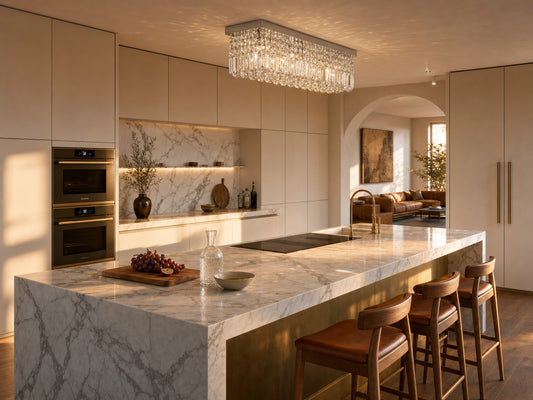 Vela crystal chandelier above a Calacatta marble kitchen island in a luxury contemporary kitchen