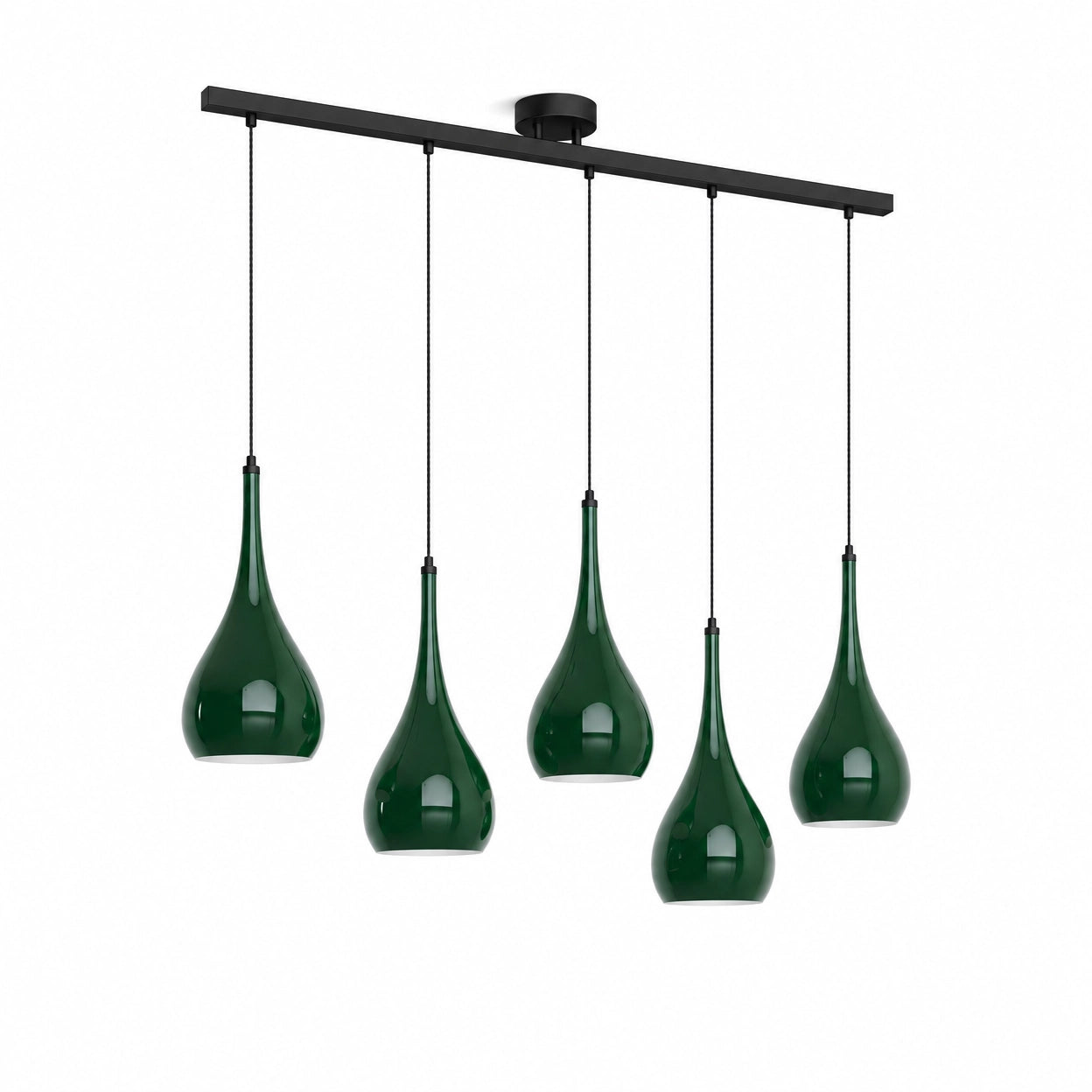 Halcombe five-light linear pendant on a slim black ceiling bar — five glossy Studio Green enamel teardrop shades, product view on white