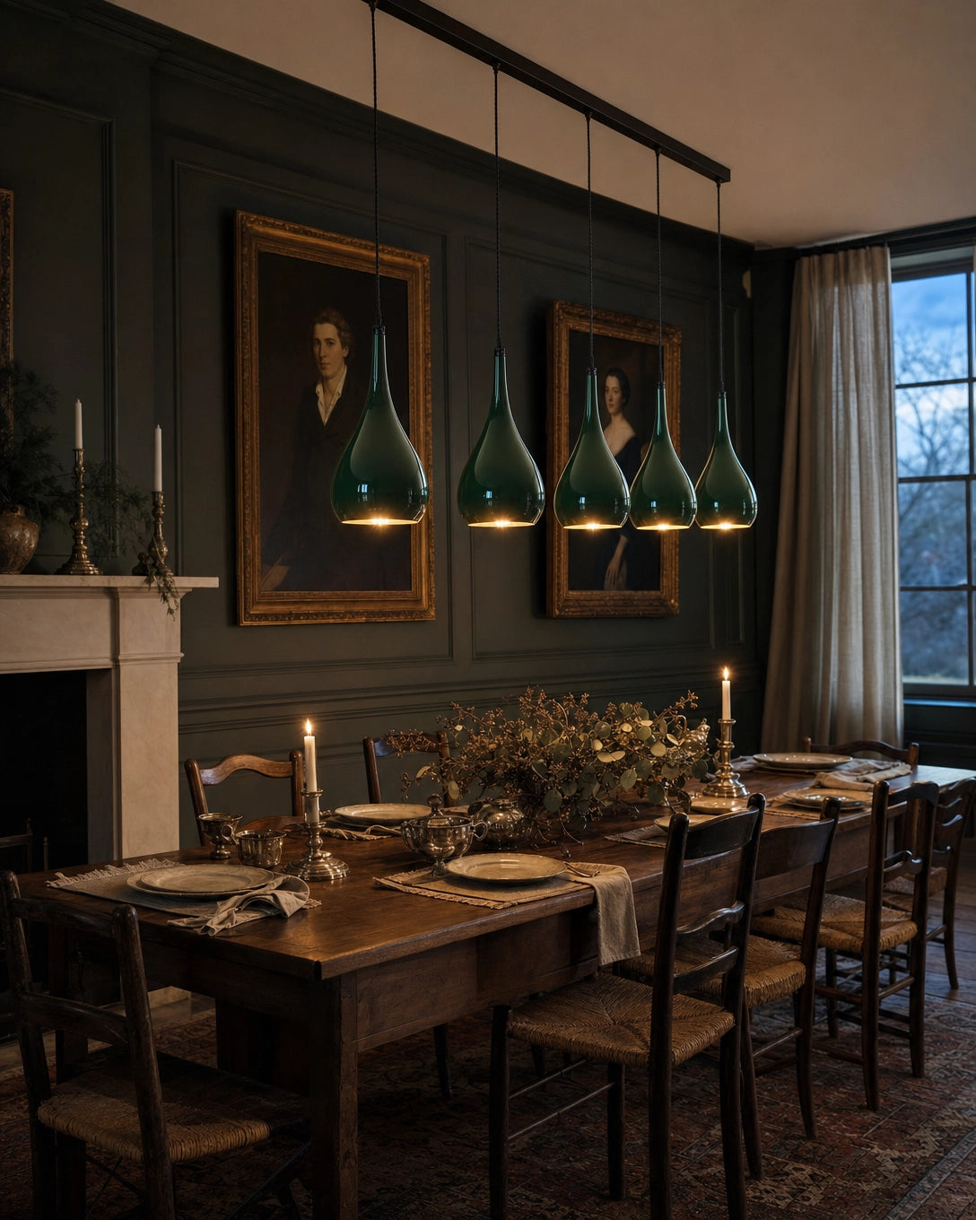 Halcombe five-light linear pendant in Studio Green suspended above a long walnut dining table in a forest-green panelled English dining room at dusk