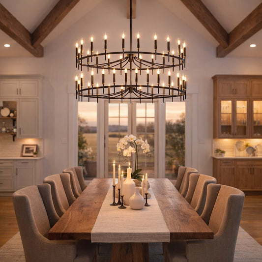 Halcyon two-tier candle chandelier in vaulted modern farmhouse dining room
