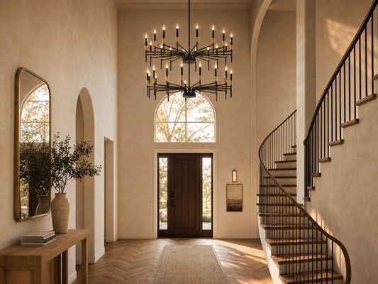 Halcyon chandelier in double-height entrance foyer with curved staircase