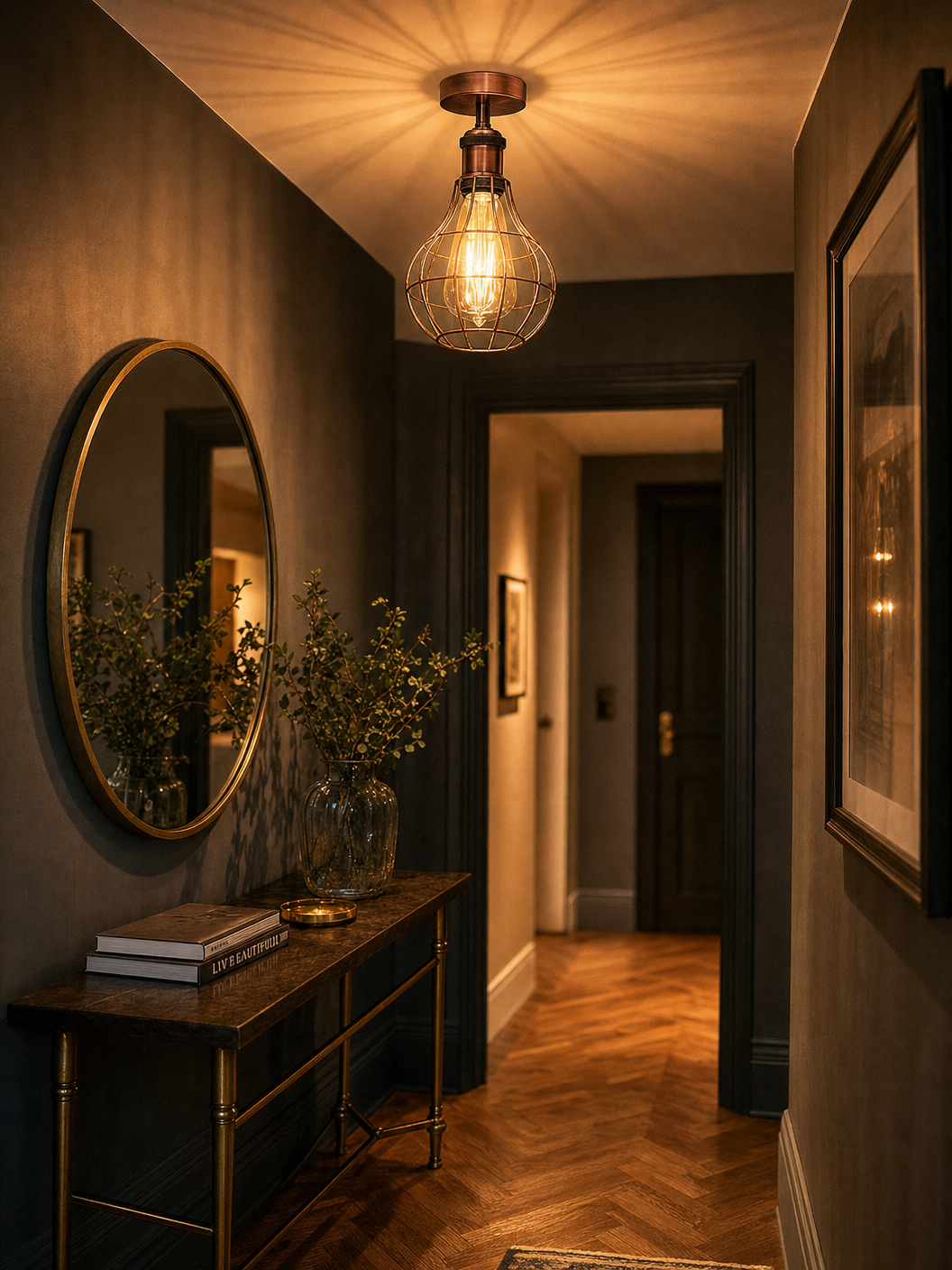 Bethnal Green brushed copper wireframe cage ceiling light installed in a dark stylish hallway
