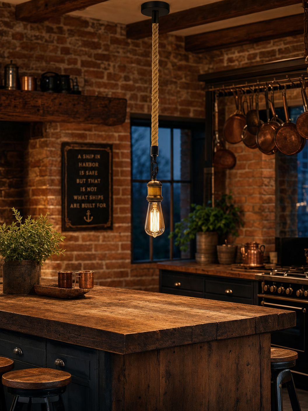 Rotherhithe hemp rope pendant light hanging in a rustic kitchen