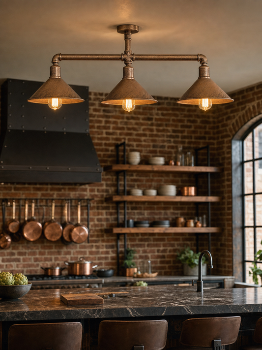 Limehouse 3-light copper pipe ceiling bar installed in an industrial warehouse kitchen