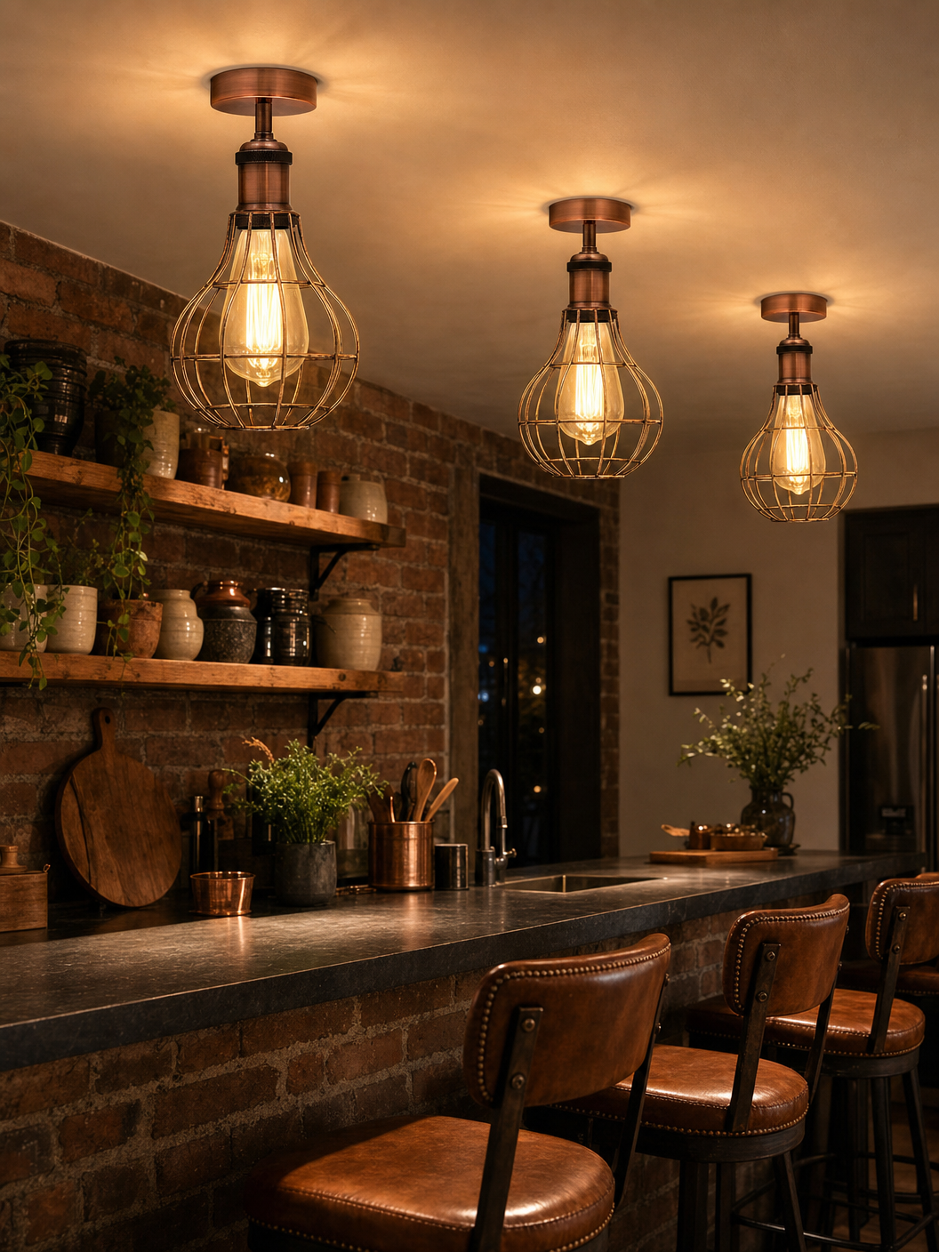 Three Bethnal Green copper cage flush mount lights above an industrial kitchen breakfast bar