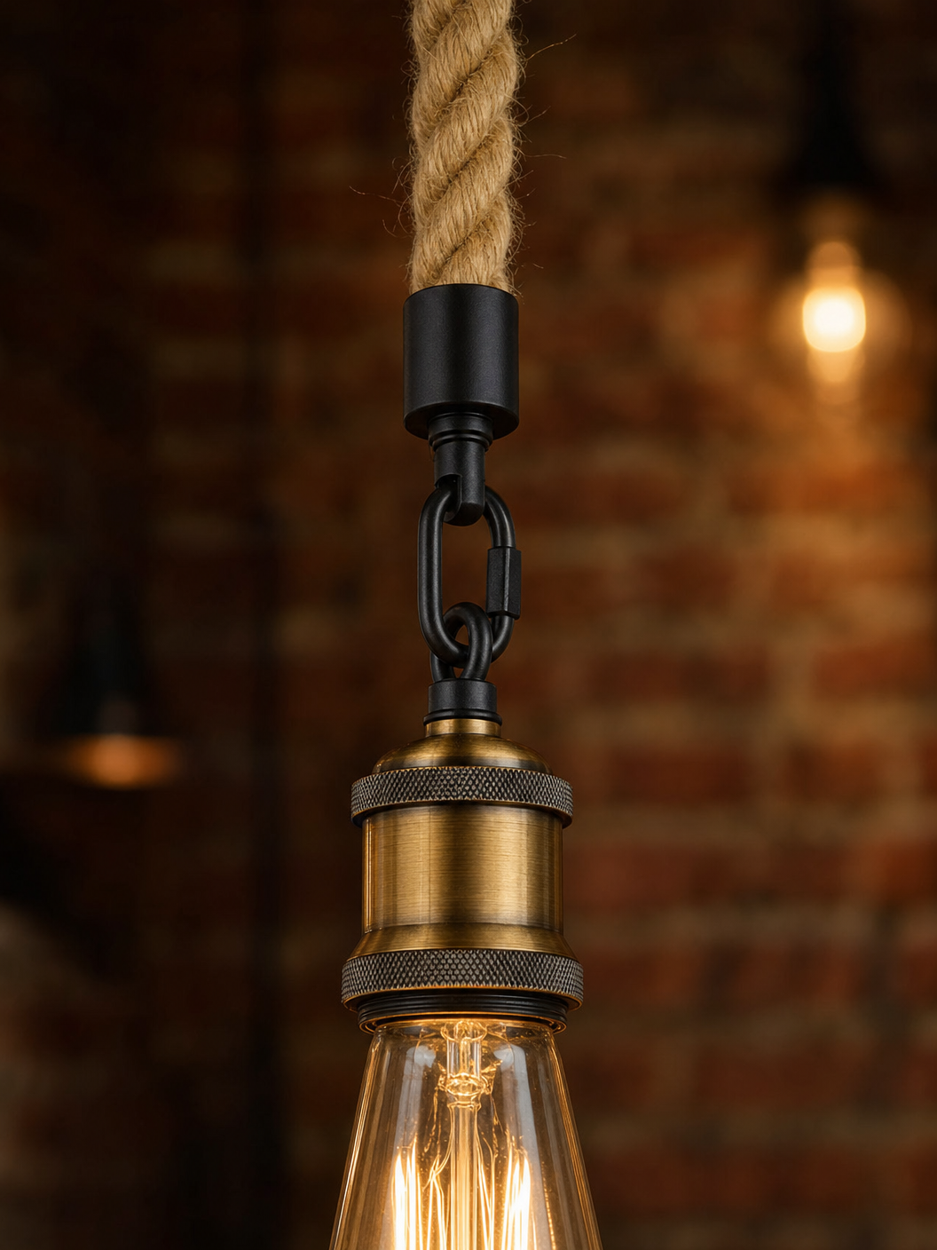 Close-up detail of the Rotherhithe hemp rope and ribbed brass bulb holder