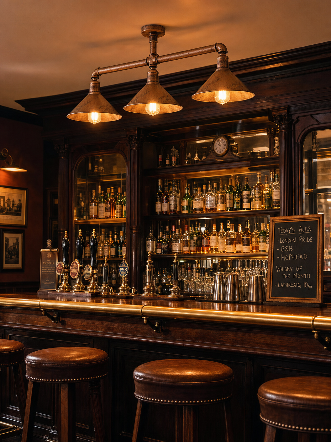 Limehouse industrial pipe ceiling light illuminating a vintage Victorian pub bar