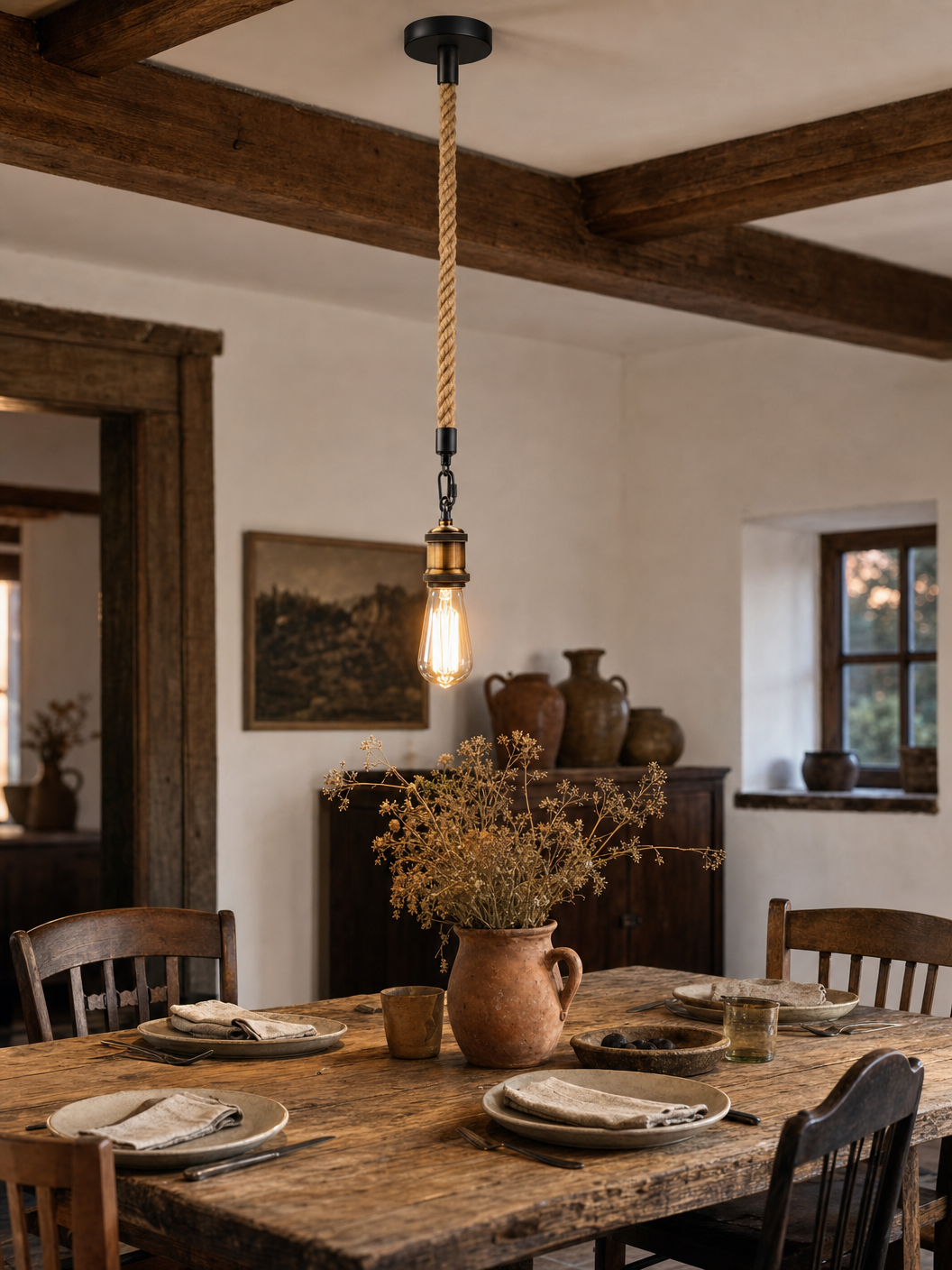 Rotherhithe hemp rope pendant light hanging above a rustic farmhouse dining table