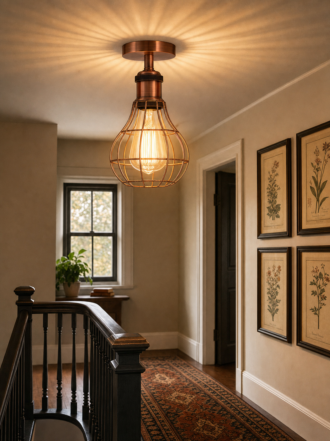 Bethnal Green copper cage ceiling light casting starburst shadows on a staircase landing ceiling