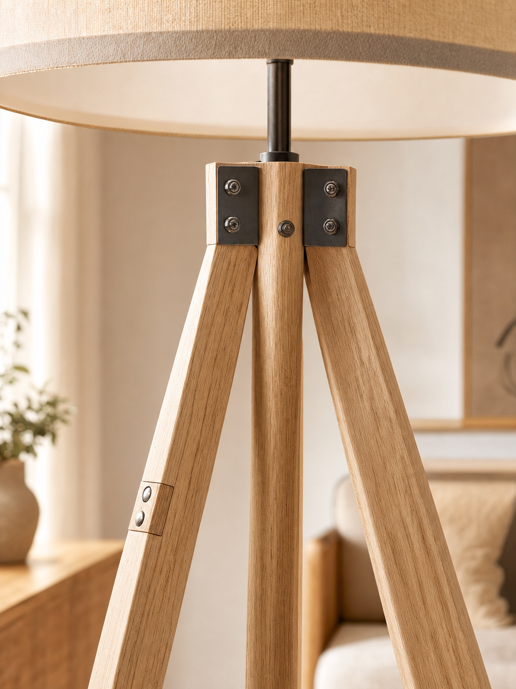 Close-up detail of the Highgate floor lamp showing natural wood grain and industrial metal hardware hub