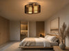 Kura twin-shade flush mount ceiling light installed in a Japandi-style master bedroom with oak bed and pampas grass