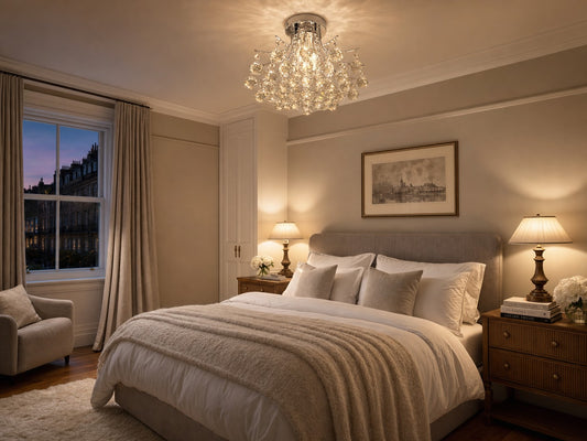 Lyra petite round crystal chandelier in a soft greige London townhouse principal bedroom at dusk