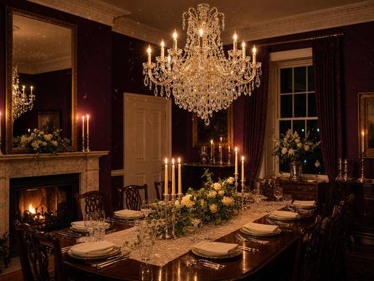Marchesa crystal chandelier above a formal mahogany dining table in an aubergine dining room