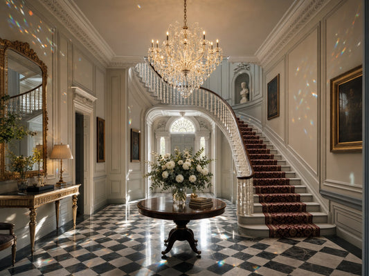 Marchesa 12-light crystal cascade chandelier in a Georgian entrance hall with curved staircase