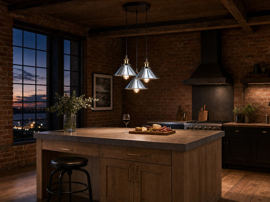 Mercer chrome cluster chandelier above an industrial-loft kitchen island at twilight