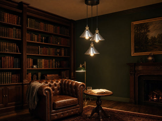 Mercer cluster chandelier in a panelled gentleman's-club library with leather Chesterfield