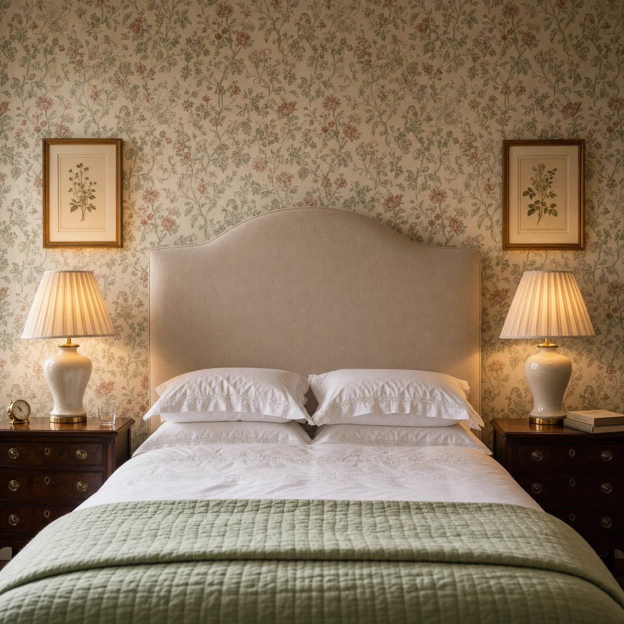 A pair of Salcombe cream ceramic urn lamps on flanking antique mahogany bedside chests in an English country-house bedroom, pleated cream silk shades softly lit at dusk against a floral wallpaper, linen headboard and crisp white embroidered bedlinens with a sage quilted bedspread
